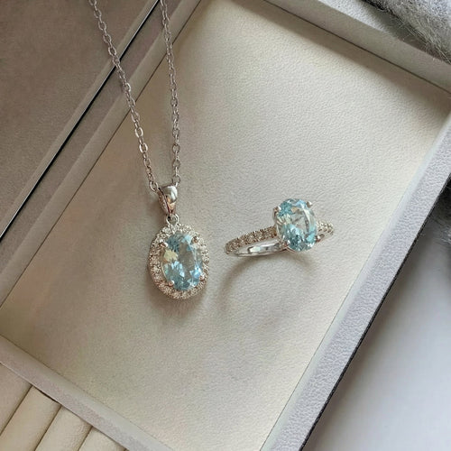 Azure Aquamarine Set-Natural Aquamarine Jewelry Set Necklace & Ring