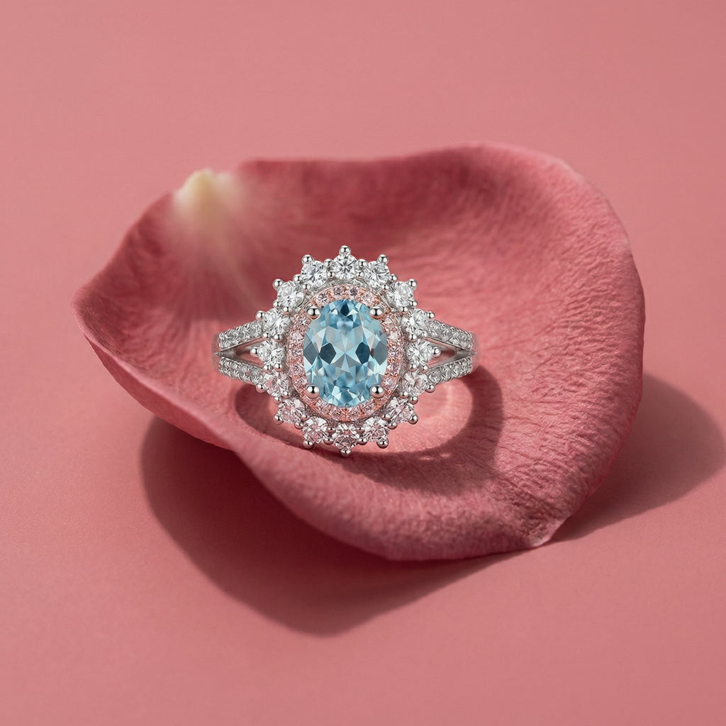 Oval Halo Gemstone Ring – Aquamarine & Pink
