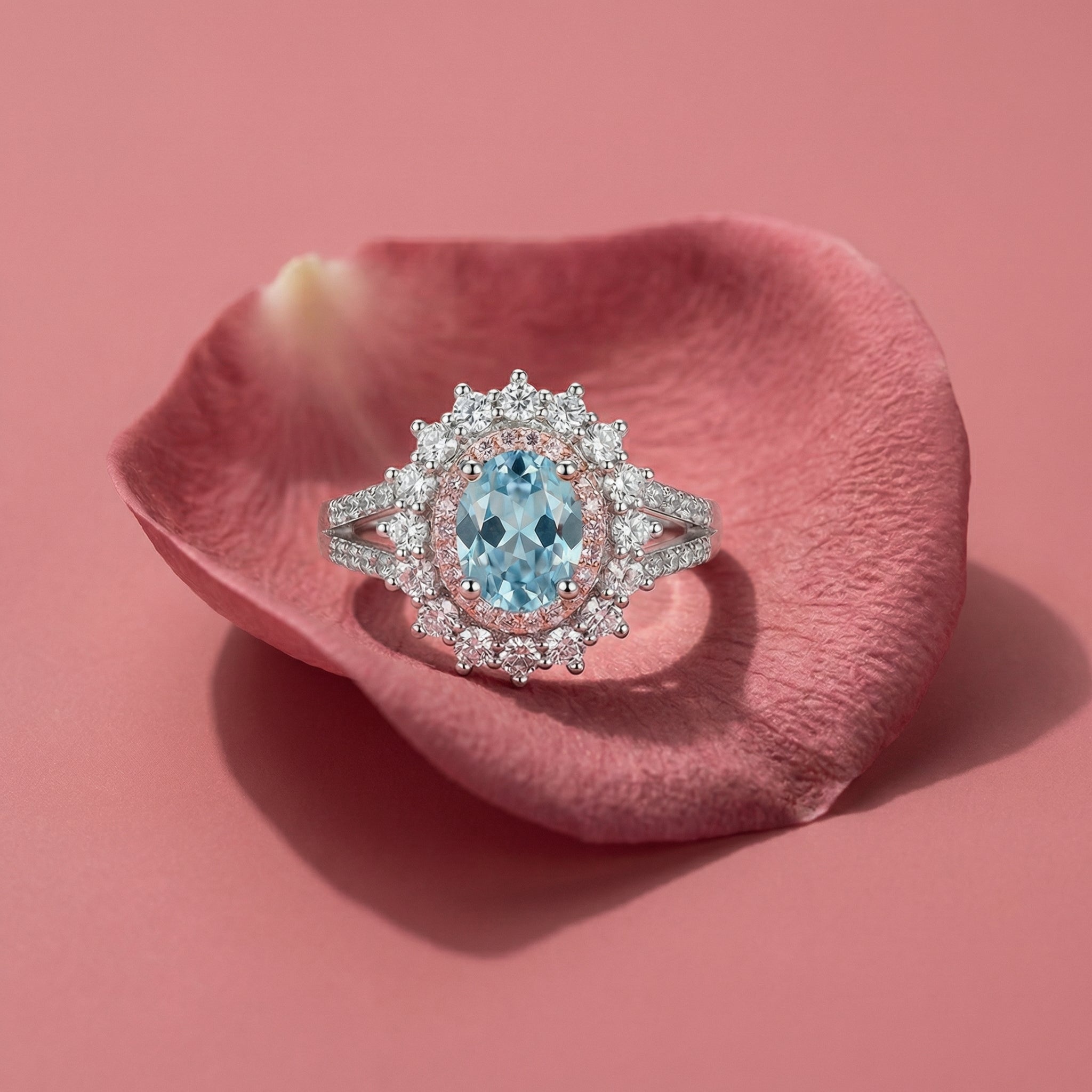 Oval Halo Gemstone Ring – Aquamarine & Pink