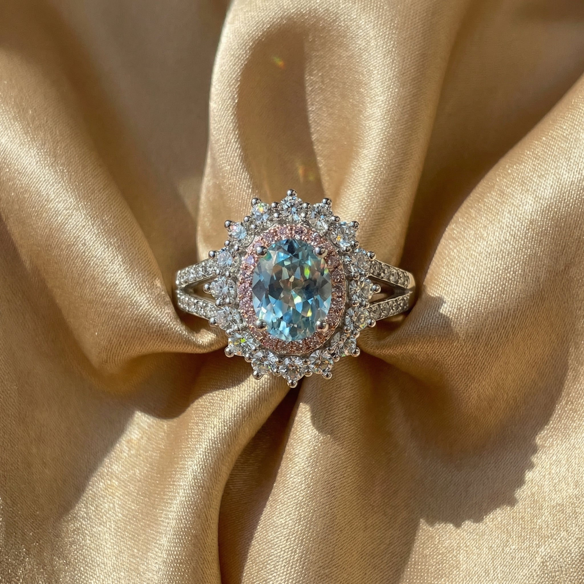 Oval Halo Gemstone Ring – Aquamarine & Pink