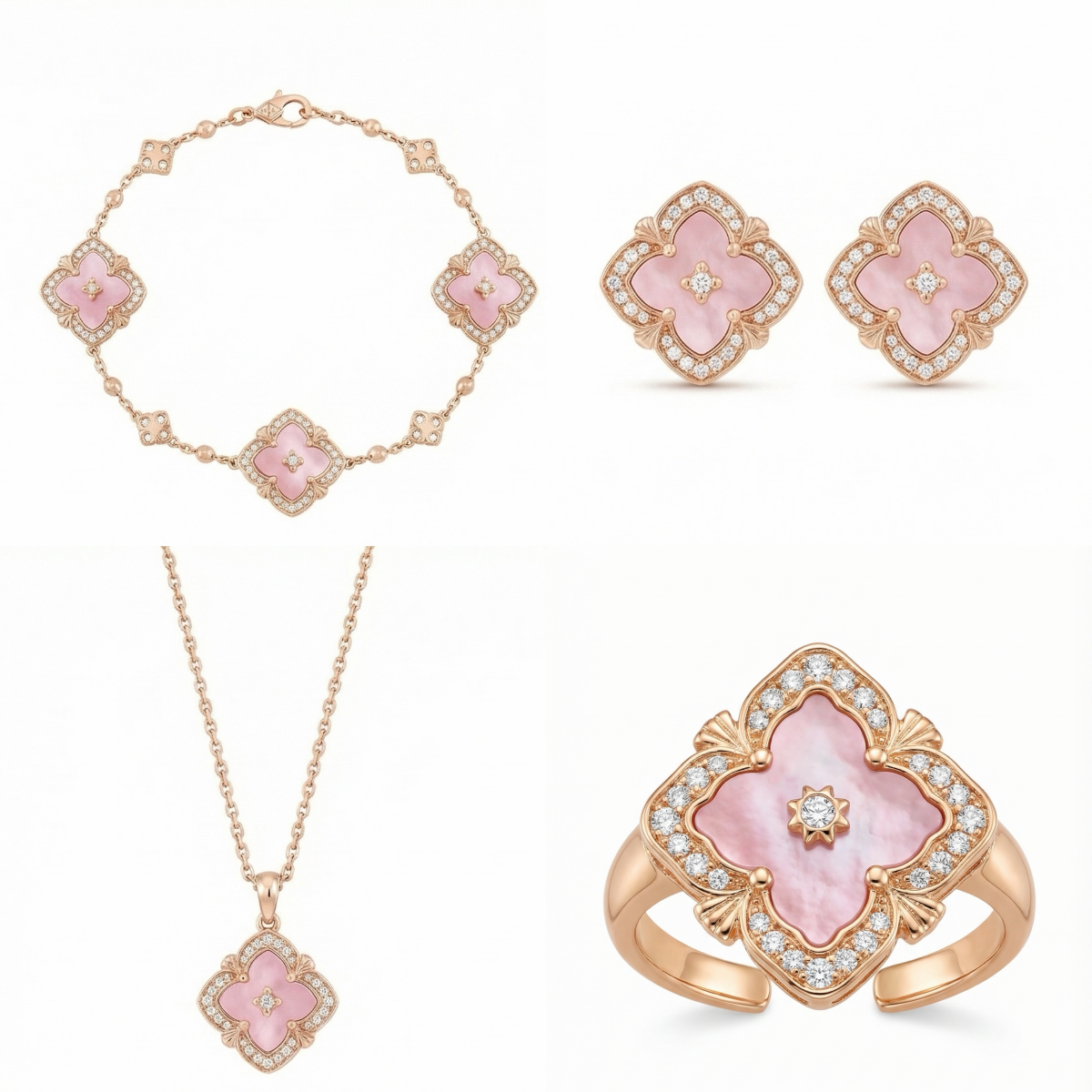 Blush Clover Set——Pink Mother of Pearl Jewelry Set Necklace, Bracelet, Earrings & Ring