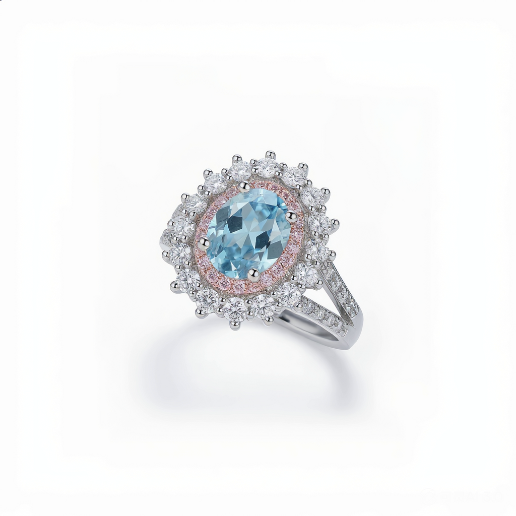 Oval Halo Gemstone Ring – Aquamarine & Pink