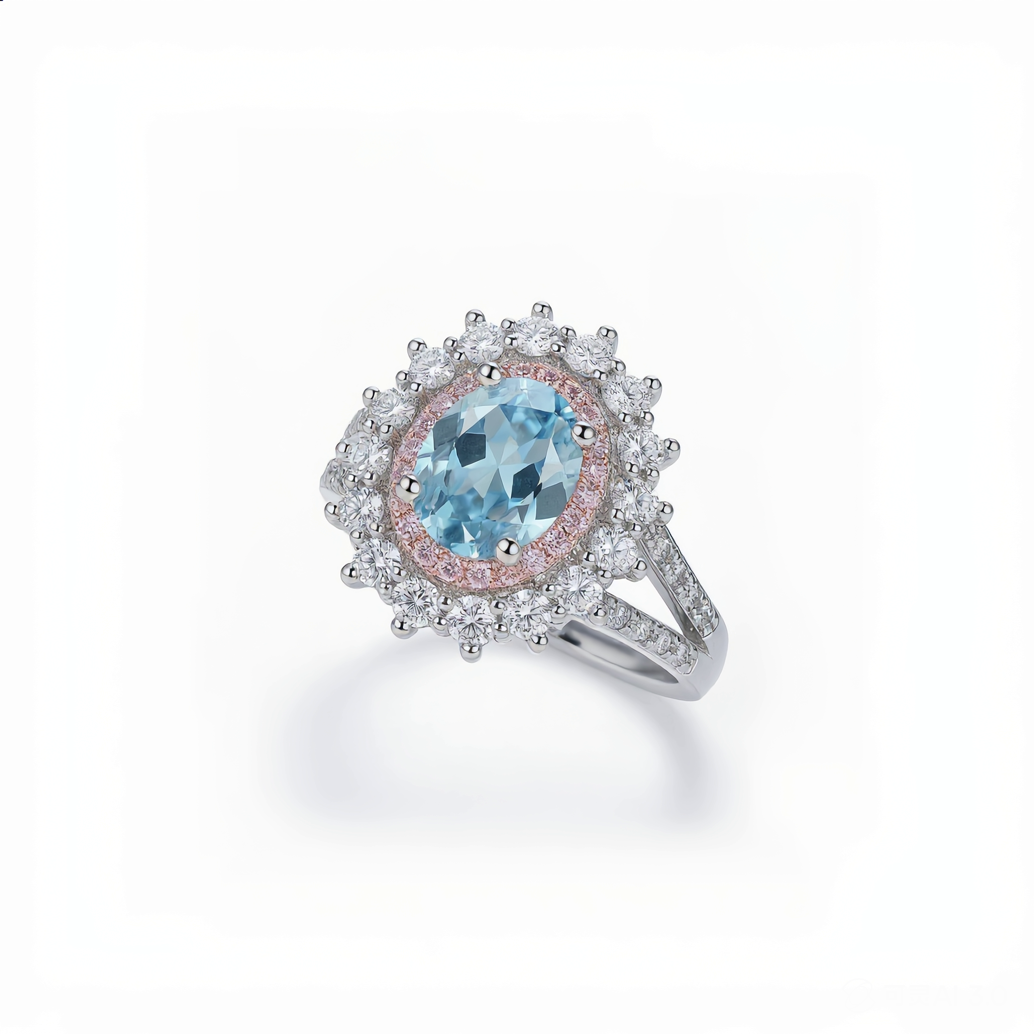 Oval Halo Gemstone Ring – Aquamarine & Pink