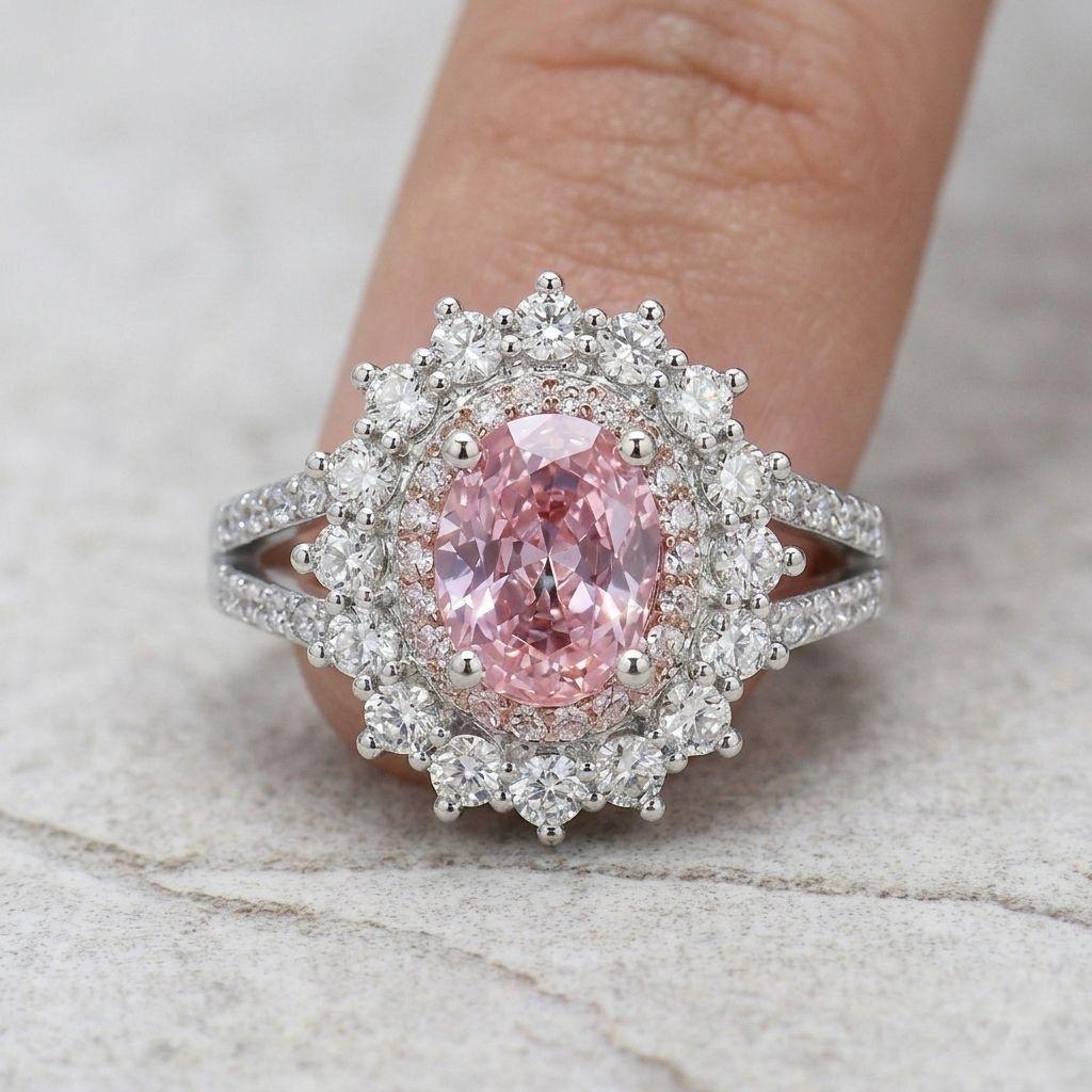 Oval Halo Gemstone Ring – Aquamarine & Pink