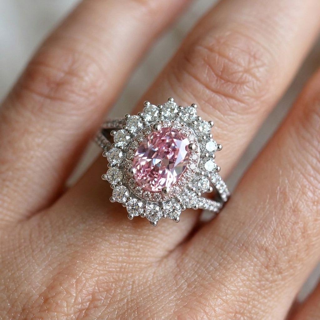 Oval Halo Gemstone Ring – Aquamarine & Pink